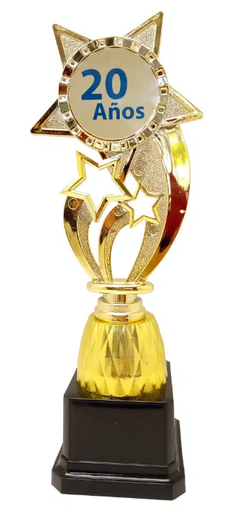 TROFEO DE PLASTICO DORADO CON FORMA DE ESTRELLA FUGAZ, BASE DE PLASTICO NEGRA, LAMINA E INSERTO DE METAL