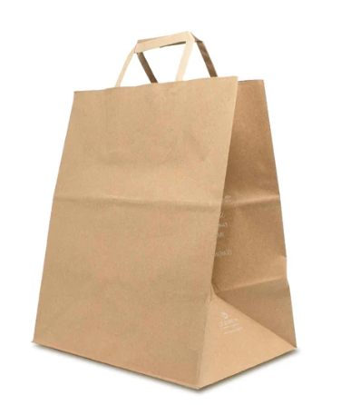 BOLSA BIODEGRADABLE DE PAPEL KRAFT PLANA CON ASA PLANA (25CM X 17CM X 29.5CM) - ENLQ