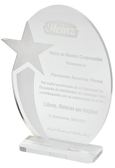 RECONOCIMIENTO DE ACRILICO OVALADO CON ESTRELLA DE 4 MM DE GROSOR CON BASE DE ACRILICO